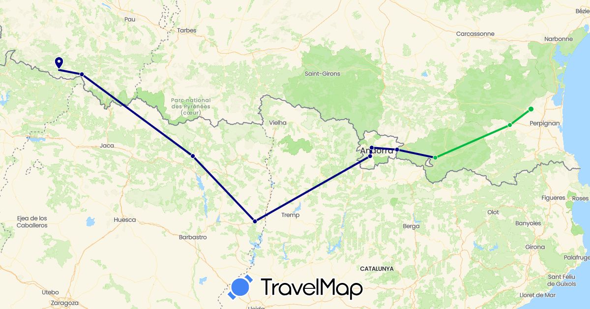 TravelMap itinerary: driving, bus in Andorra, Spain, France (Europe)